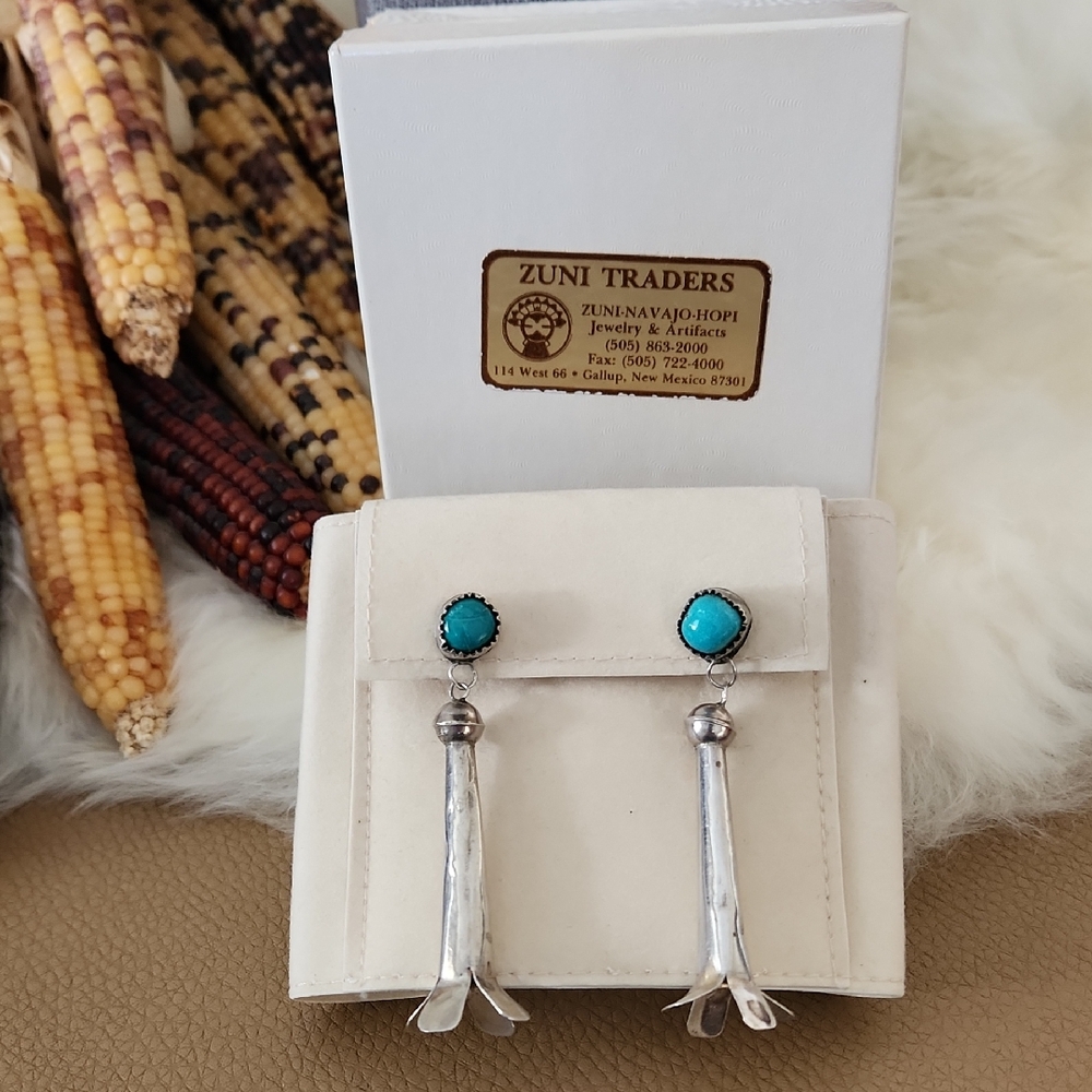 Beautiful Vintage Long Sterling & Turquoise Squash Blossom Dangle Earrings 💙🩶